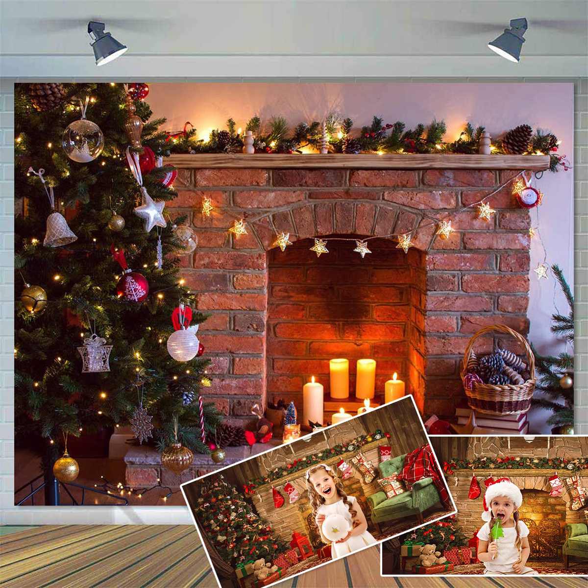 Boże narodzenie tło kominek drzewo zima okno pokój wnętrze urodziny dziecka fotografia tło dla zdjęcie studio Photophone