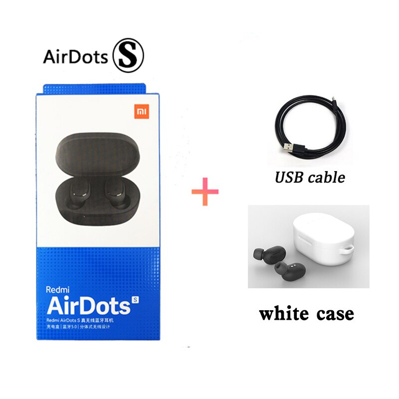 Original Xiaomi Airdots S Tws Redmi Airdots S Earbuds Wireless Earphone Bluetooth 5.0 Gaming Headset With Mic Voice Control: white case cable