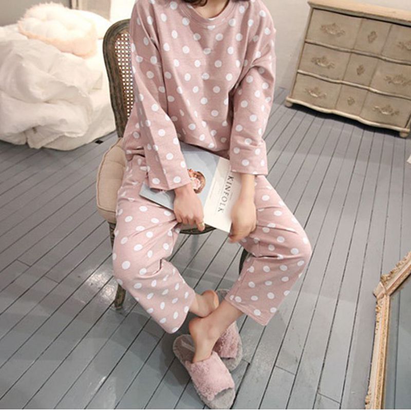 Women Sleepwear Ladies Cute Autumn Cute Polka Dot Print Long Sleeve Pyjamas Set Top Trousers Pajamas M-2XL
