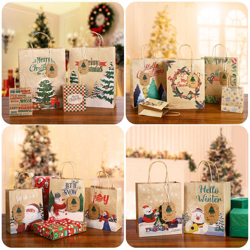 Kerstcadeau Zakken Papieren Traktatiezakken Kraft Goodies Party Gunsten Supplies Met 28Pcs Tissuepapier 28Pcs Opknoping tags