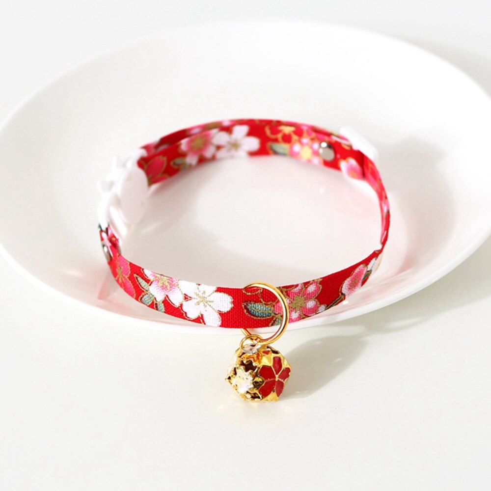 Breakaway Cat Collar With Hollow Bell Flower Cute Kimono Adjustable Cat Collars Safety Japanese Style For Kitten Puppy Pets: red