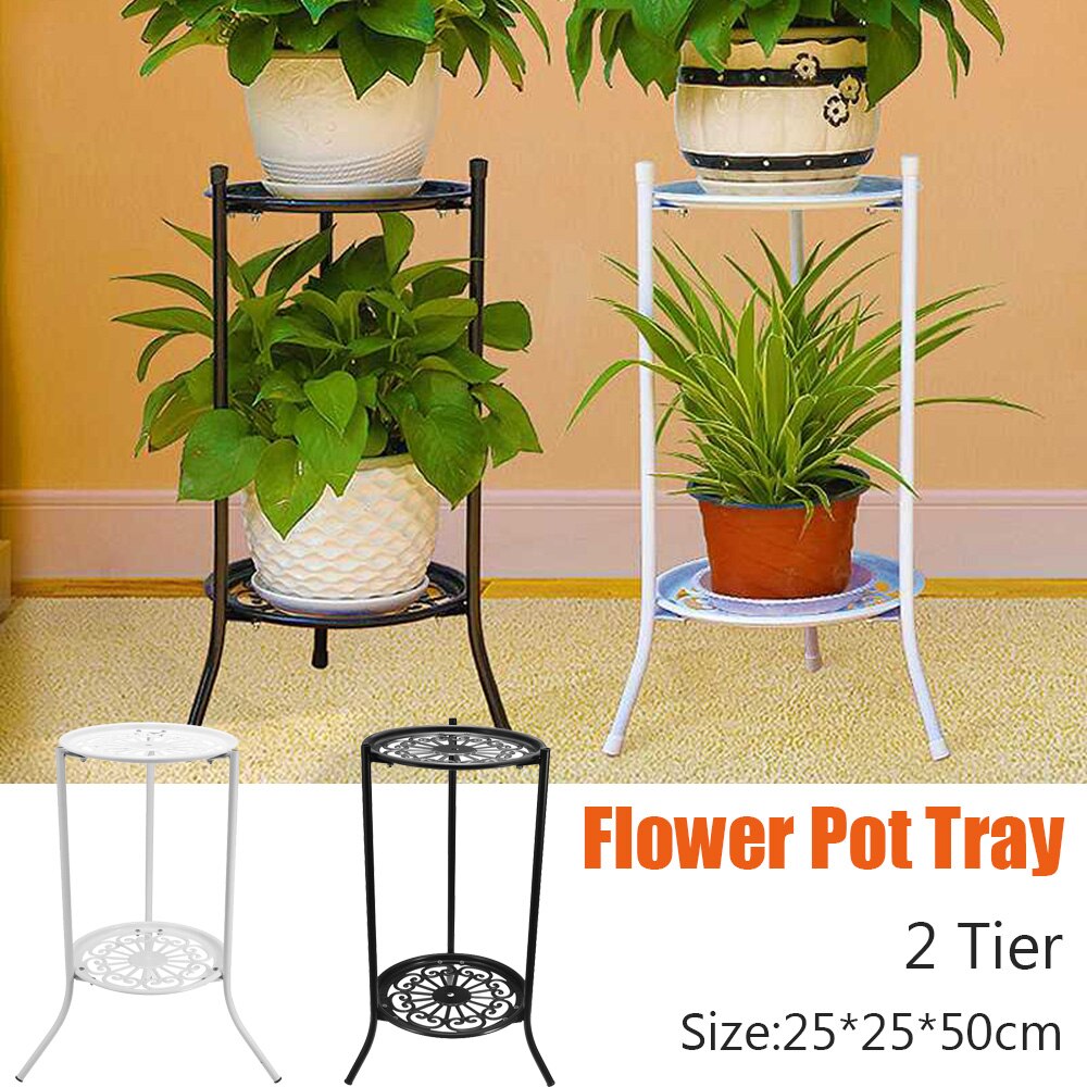 Soporte para maceta, accesorio negro/blanco de 2 niveles, exhibición , jardín, maceta para flores de balcón, estante de soporte, decoración de interior para el hogar