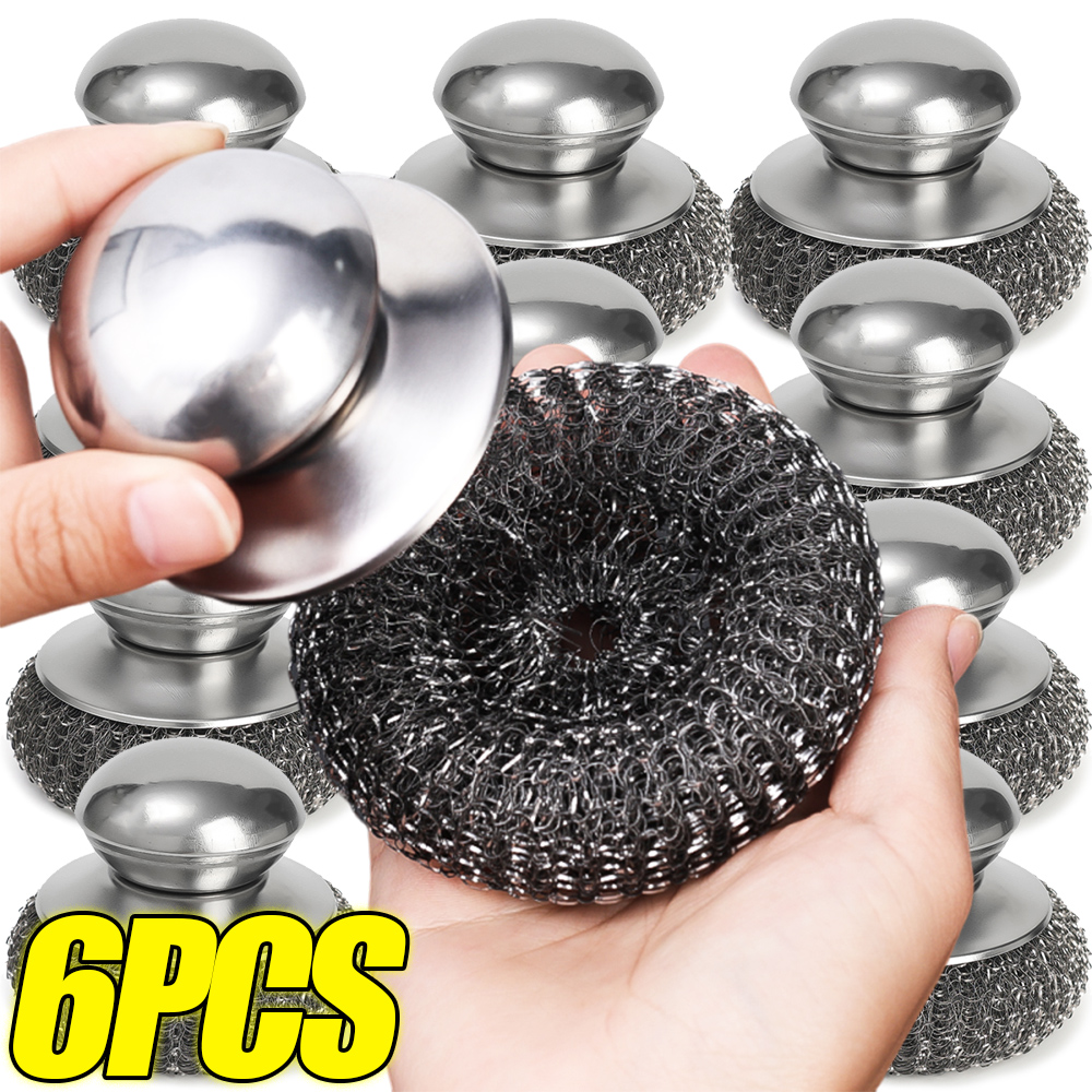6-1Pcs Kitchen Stainless Steel Washing Brush Metal Sponge Scrubber With Handle For Dishes Pots Pans Grills Sink Cleaning Tools