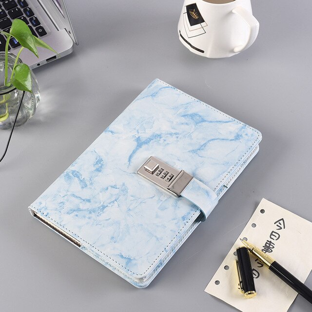 Notebook Wachtwoord Blok, Marmeren Textuur, 100 Stuks, Persoonlijk Dagboek Met Slot Code, Kantoorbenodigdheden, leer,: Blue