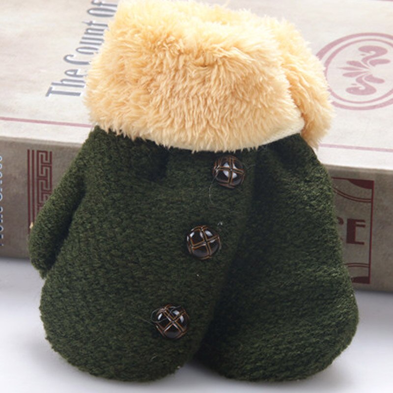 Knitted Full Finger Winter Gloves Kids Wool Warm Boys Children's Mittens Solid Color Rope Glove Girls Button Decoration: Green
