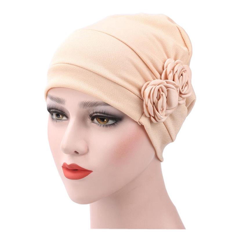 Women's Turban Hat Stylish Flowers Chemo Beanie Turban Headwear Chemo Cap: Beige