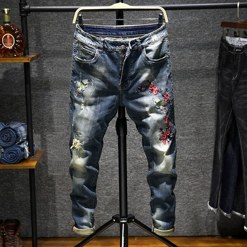 Homme fleur broderie déchiré jean mince stretch denim pantalon blanc bleu gris noir