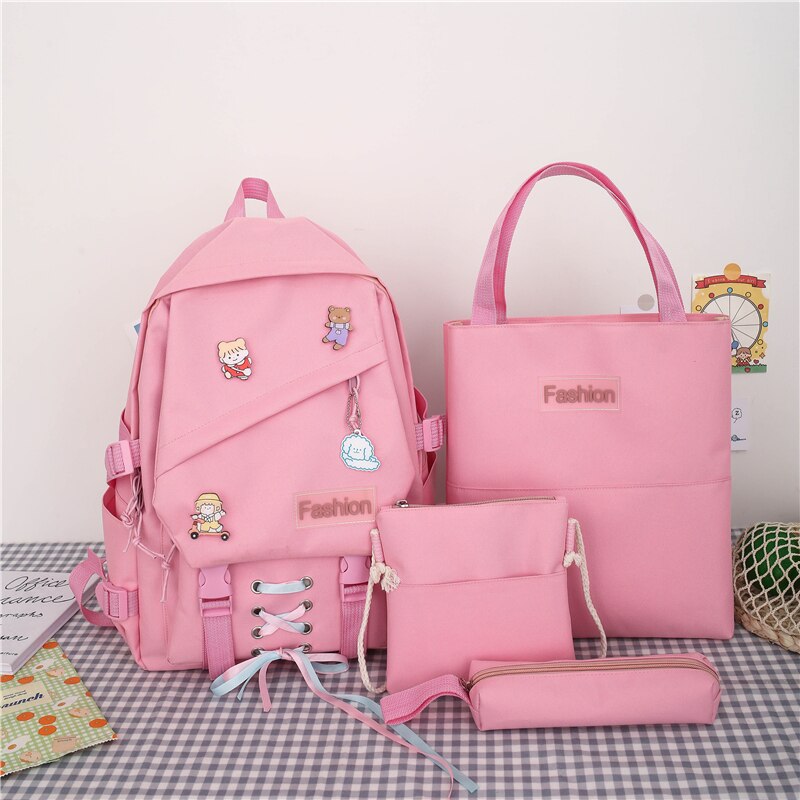 Girls School Bags for Teenage 4 Pcs Set Nylon Cute Ribbon Backpack Women Middle Student Schoolbag: Pink