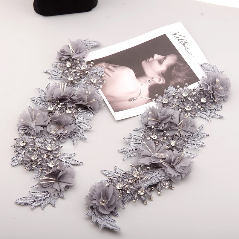 10 Color Beaded Sequins 3D Decals Mirror Flower Lace Fabric Evening Dress Front Chest Back Applique Patch Decoration