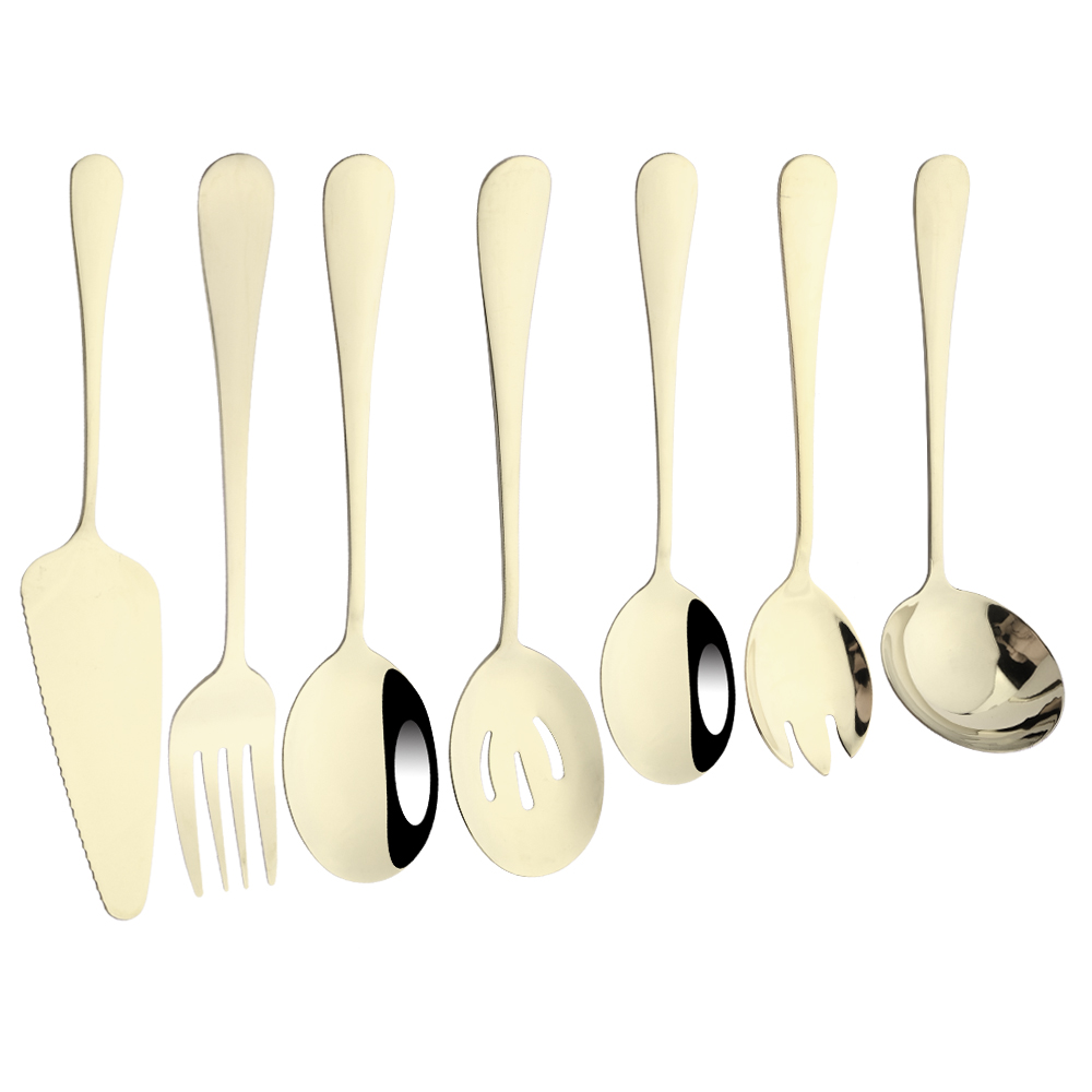 7Pcs Gold Stainless Steel Dinnerware Set Soup Spoon Colander Spoon Service Spoon Salad Fork Cake Spatula Kitchen Home Tableware: Champagne