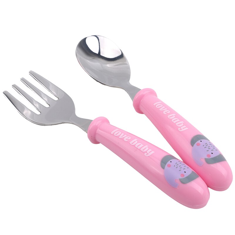 Cucchiai di Alimentazione del bambino Animale Sveglio patchwork Forcella in Acciaio Inox Cucchiaio impostato per Bambini Portatile Da Tavola di Viaggi: rosa