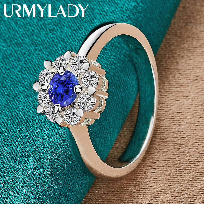 URMYLADY Fiore in argento sterling 925 con zirconi blu 7-10 # Anello per gioielli di moda per feste di fidanzamento e matrimonio da donna