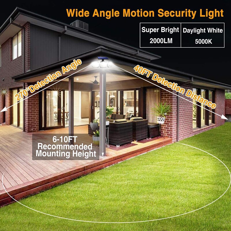 Solar Motion Sensor Outdoor Light 138 LED 3 Head 270° Wide Angle Illumination Remote Control Solar Wall Light for Garden Garage