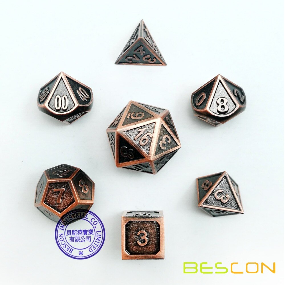 Bescon Stijl Koperen Solide Metalen Polyhedral D & D Dobbelstenen Set Van 7 Koperen Metallic Rpg Rol Playing Game dobbelstenen 7 Pcs Set D4-D20