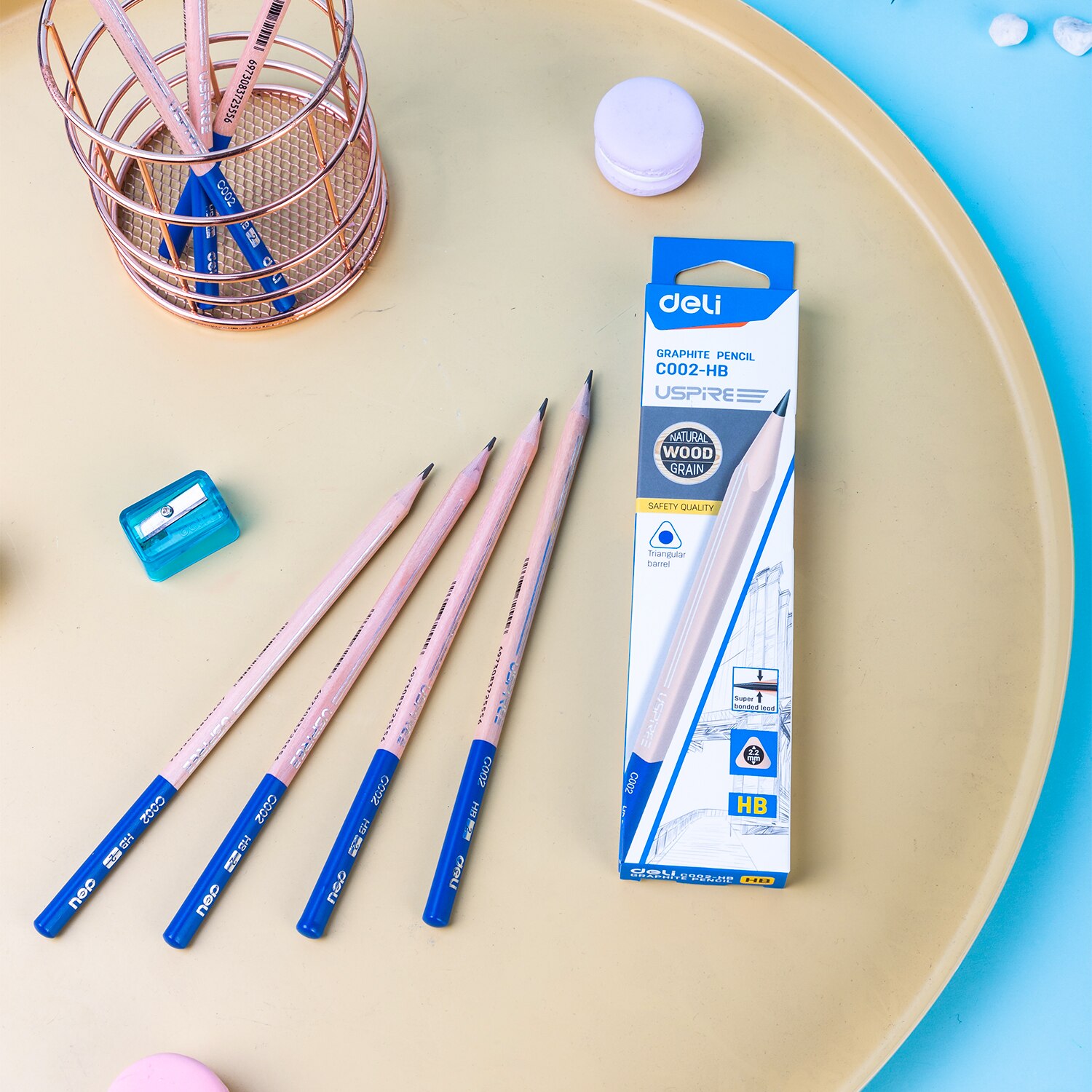 Deli HB Pencil Triangle Pencils 12 Pcs/Set Blue Black Dipped Head Graphite Lead Core Students Writing Stationery EC002-HB