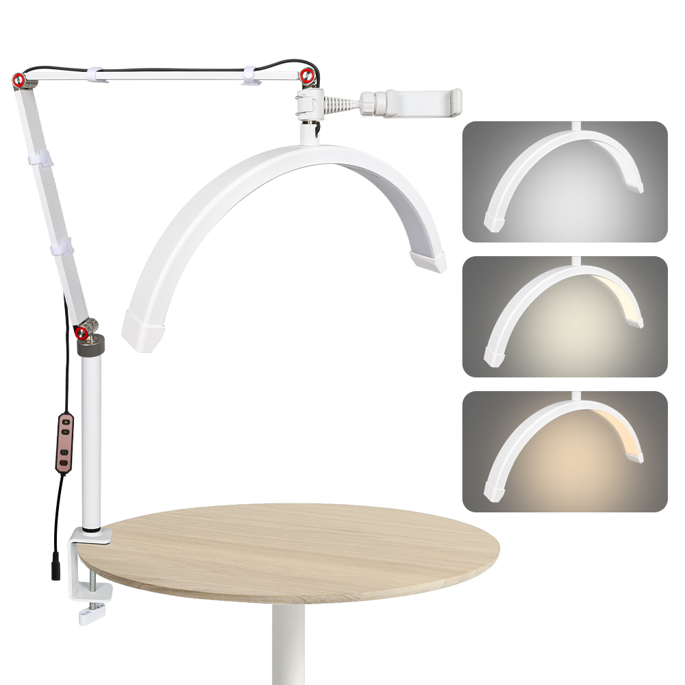 Halve maanlicht 16 inch wimperlicht met telefoonhouder LED-bureaulamp met klem dimbaar 3 lichtmodi Lash Tech licht voor nagel: WHITE