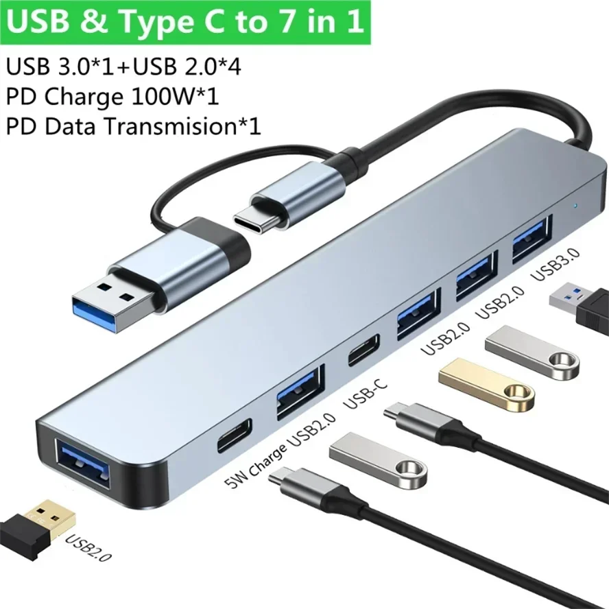 8 in stații de andocare hub usb tip c cu 3.5mm adaptoare jack audio cititor 2 carduri micro sd laptop tabletă telefon convertor disc: Negru