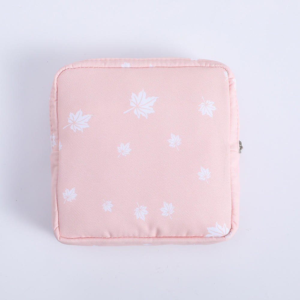 Femmes fille serviette hygiénique pochette serviette serviette sac de rangement crédit porte-carte porte-monnaie cosmétiques casque Case fermeture éclair boîte de voyage: Pink Leaves