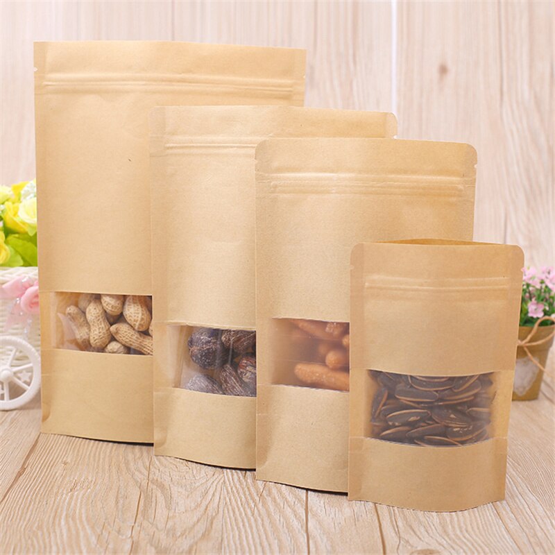 10pcs Kraft Paper Bag Reusable Food Storage Zip Bag Kitchen Plastic Bags Food Tea Cookie Snack Self Sealing Zipper Stand Up Bags