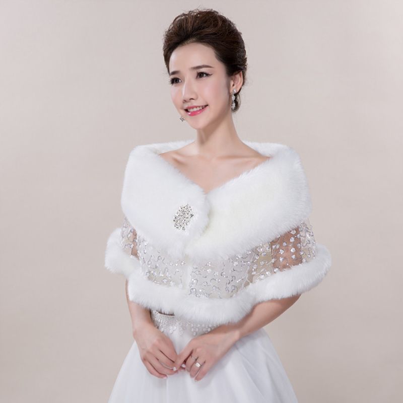 Bruid Bruiloft Sjaal Herfst Winter Pluche Kant Strass Sjaals Cape Sjaal