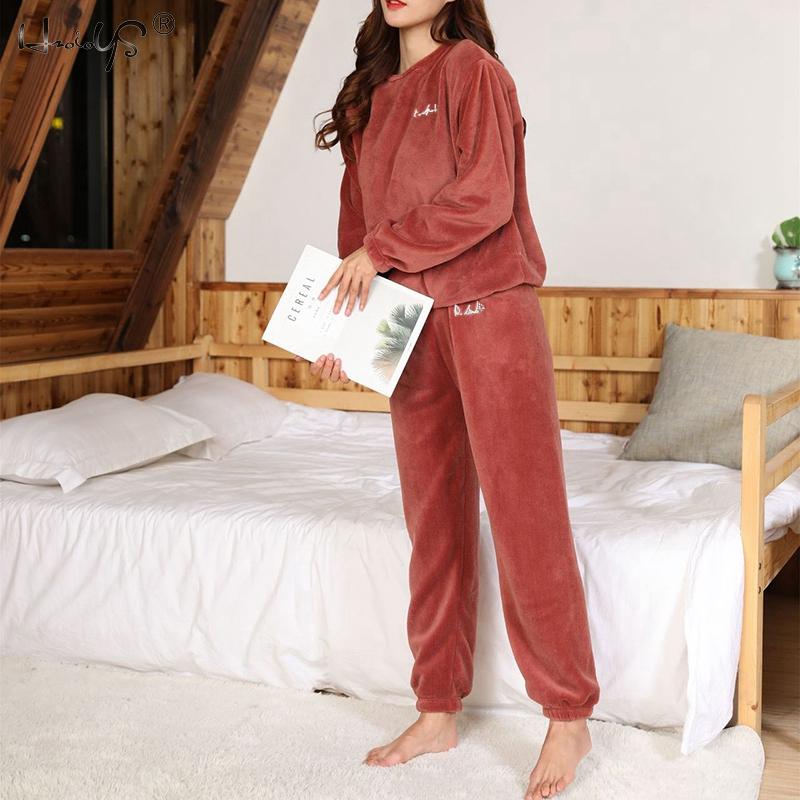 Inverno feminino flanela de veludo pijamas define pijamas grosso solto casual macio quente camisola de casa roupas femininas terno pijamas: D Red