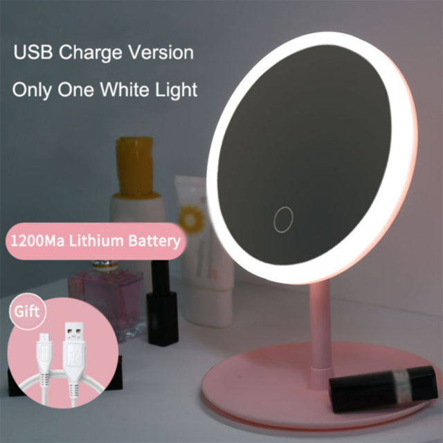 Round Makeup Mirror With Lights Led Vanity Mirror Lamp Adjustable Table Desk Cosmetic USB Face Mirror With Beauty Touch: Round 3