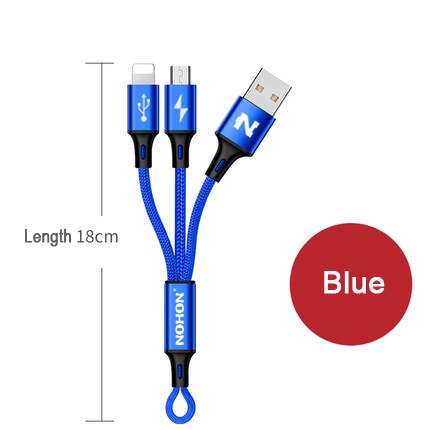 Nohon 2 In 1 Usb Kabel Micro 8Pin Usb Snel Opladen Kabels Voor Iphone 8X7 6 6S plus Ipad Ipod Samsung Nokia Nylon Draad: 2-in-1 18cm Blue