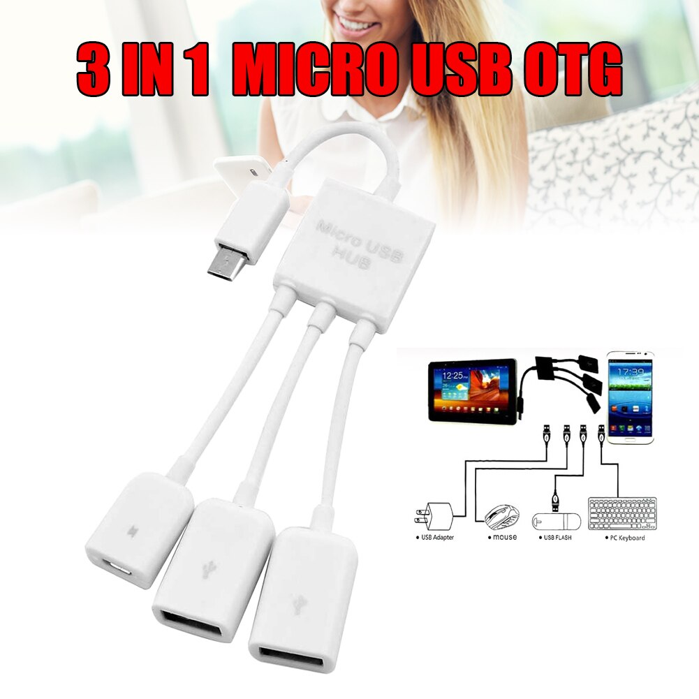 3 in 1 Micro USB HUB Male to Female &amp; Double USB 2.0 Host OTG Adapter Cable: white