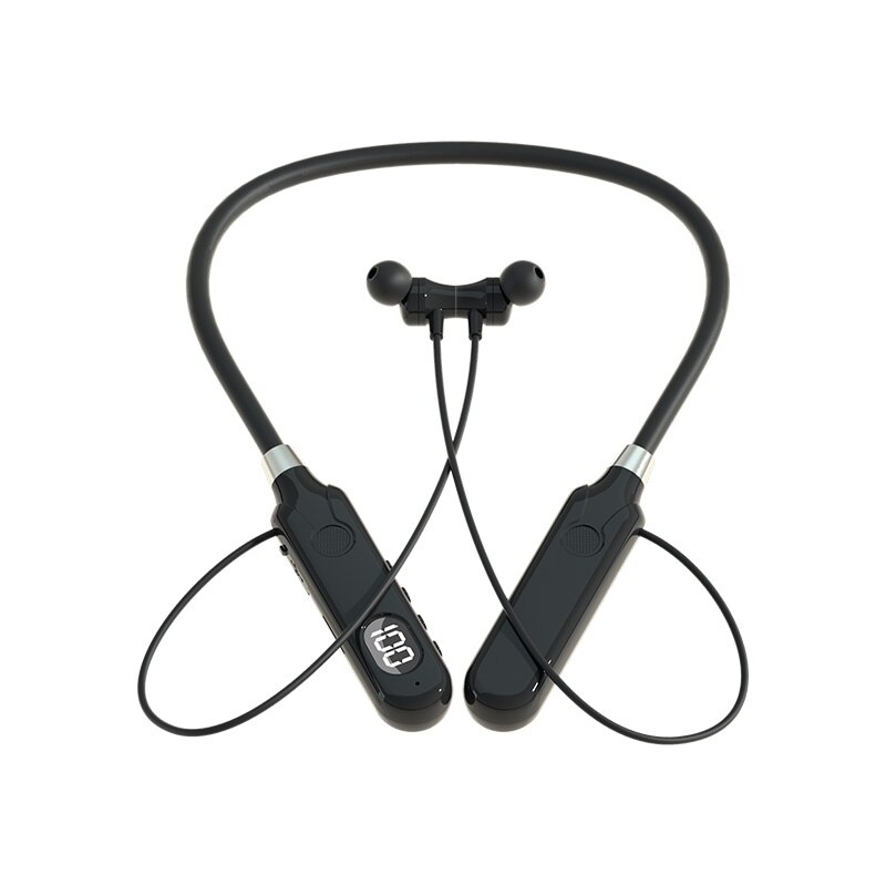 BT-12 Draadloze Bluetooth Oortelefoon Hoofdtelefoon Neckband Buitensport Headset met Display Knop Controle Oordopjes voor Muziek: Black
