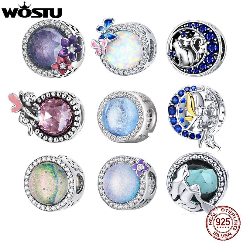 WOSTU Round Glass Opal Beads 925 Sterling Silver Rainbow Purple Blue Charms Fit Original Bracelet Necklace Jewelry Making