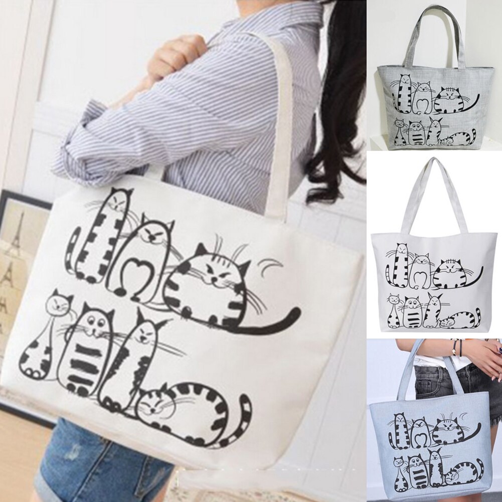 Nova moda mão desenhada gato dos desenhos animados sacos de lona impresso praia zíper grande capacidade saco lona tote compras bolsas