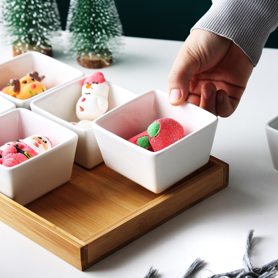 MUZITY-plato de cerámica para postres, Plato cuadrado para fruta con bandeja de bambú y madera, plato de porcelana para pastel o caramelo