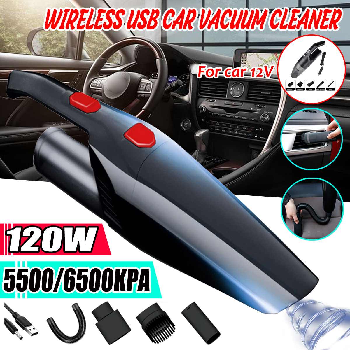 5500/6500pa Strong Power Car Vacuum Cleaner 120W Cordless Wet and Dry Dual Use Auto Portable Vacuums Cleaner For home Office