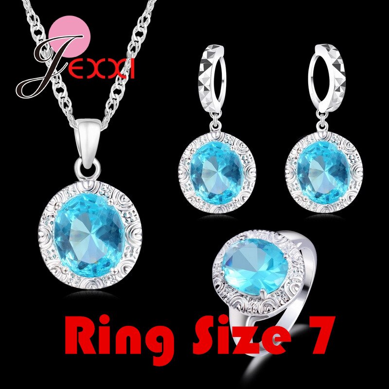 Luxury Pendant Necklace Earring Ring Jewelry Sets 925 Sterling Silver Crystal Wedding Engagment Set For Women: Ring Size 7