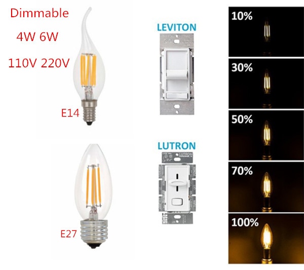 LED Energy Saving E14 E27 E12 2W 4W 6W Candle Bulb AC 220V 110V Dimmable C35 C35L LED Filament Light Bulb 360 Degree Lamp