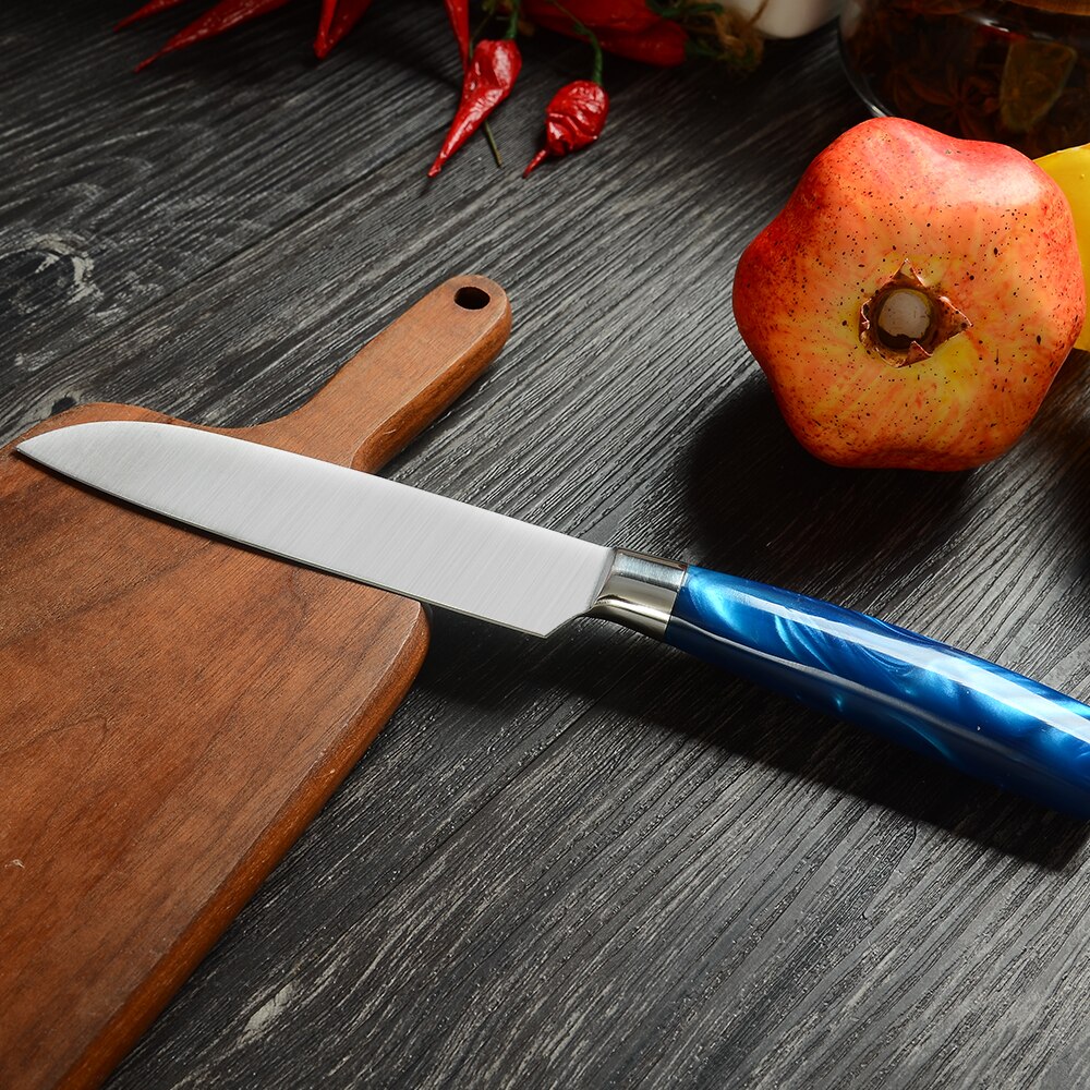 Pro Kitchen Knife Set Unique Blue Resin Handle Stainless Steel Chef Knife Santoku Slicer Paring Knives Traditional Cooking Tools