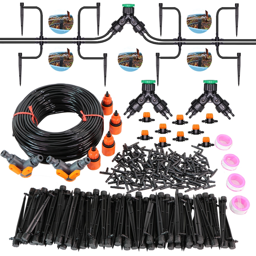 Drip Irrigation System 1/4" Hose 180 Degree Adjustable Sprinkler Kit 4-Way Garden Watering Inserting Ground Micro Flow Dripper