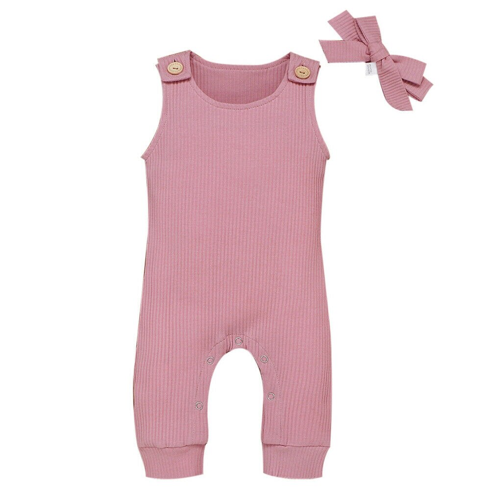 0-24m spedbarn baby jente gutt romper solide ermeløs nydelig jumpsuit+hodebånd 2 stk antrekk klær sommer: Rosa / 24m