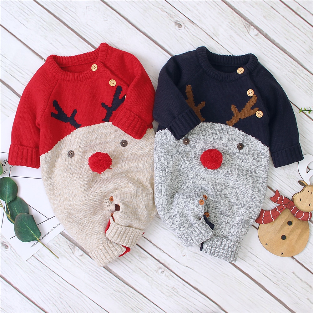 Baby Boys Girls Christmas Rompers Reindeer Knitted Infantil Jumpsuits Toddler Year&#39;s Costume Children Warm Wool Clothes 0-2Y