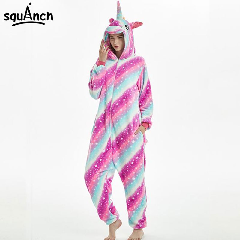 Unicorn Onesie Stripe Colorful Pajama Animal Cartoon Kugurumi Women Adult Overall Zipper Hooded Winter Warm Outfit Sleep Suit