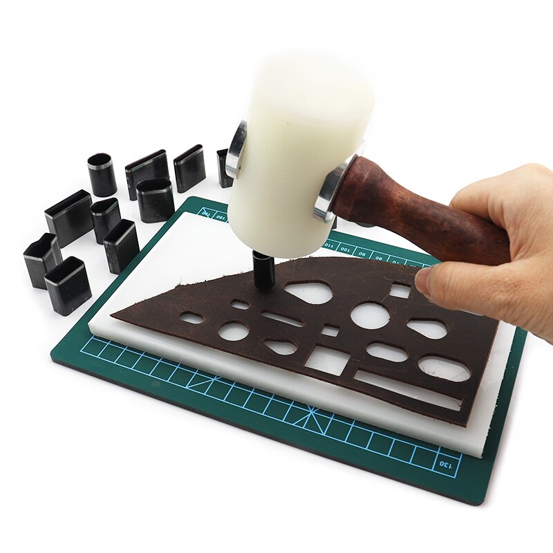 Multiple DIY Leather Hole Puncher Metal Hollow Hole Cutter Leather Punching with Hammer Sets DIY Handmade Leather Craft Tool Set