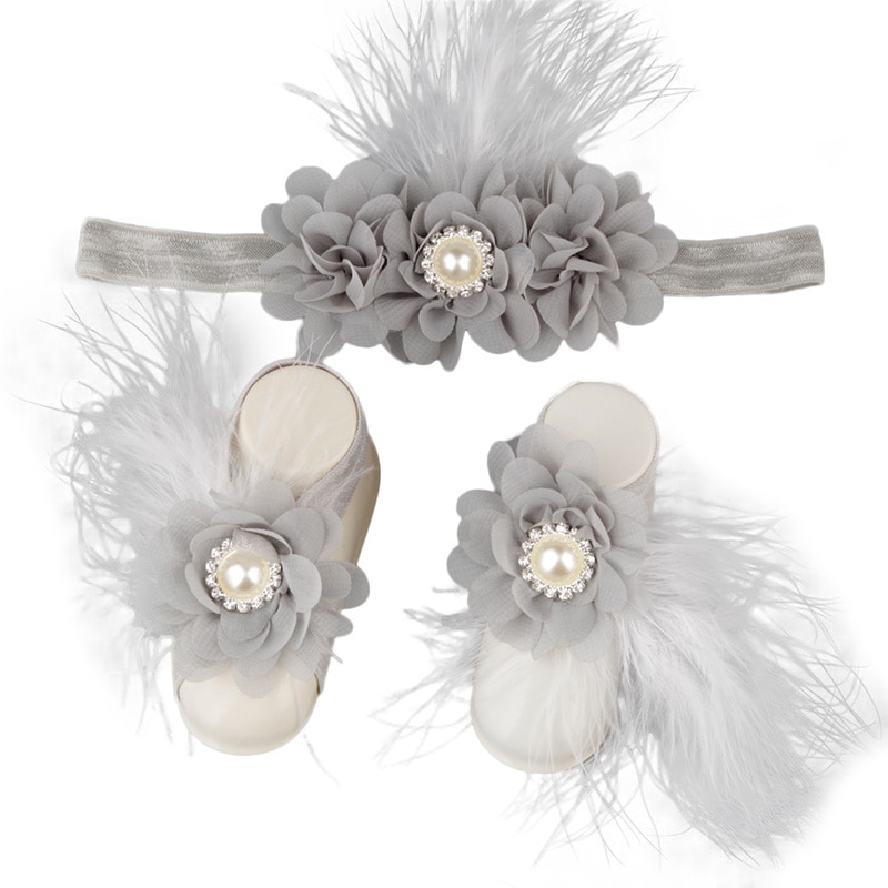 Baby Meisjes Bloem Sandaal Hoofdband Elastische Haarband & Peuter Barefoot Sandalen 1 Paar Baby Photo Prop Set