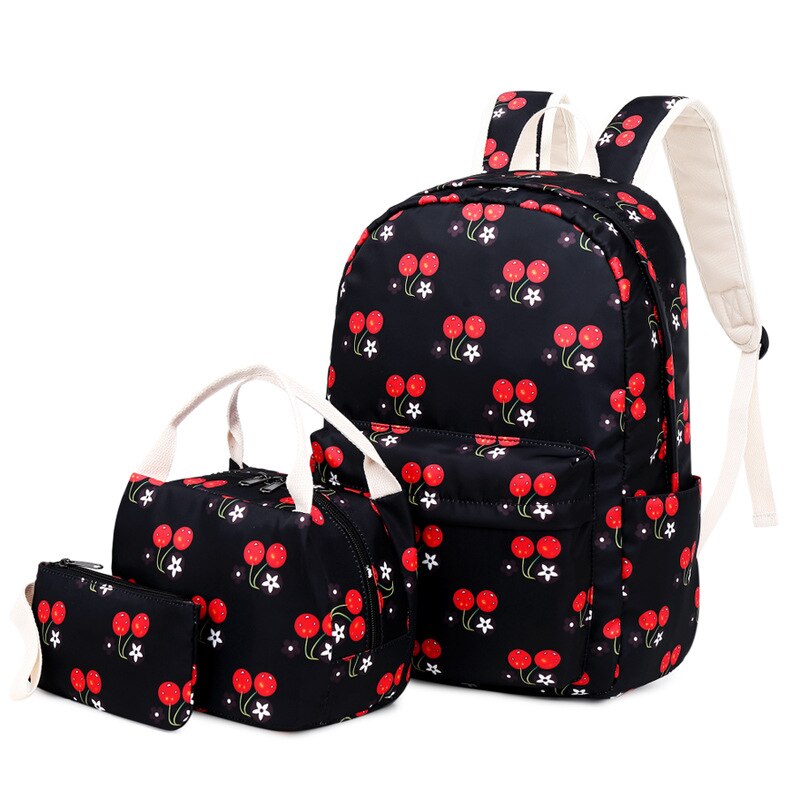 DIOMO Student Stijl Tas Set 3 Pieces Etnische Stijl Afdrukken Schooltas Tieners Reizen Casual Drie-stukken rugzak: Cherry Black