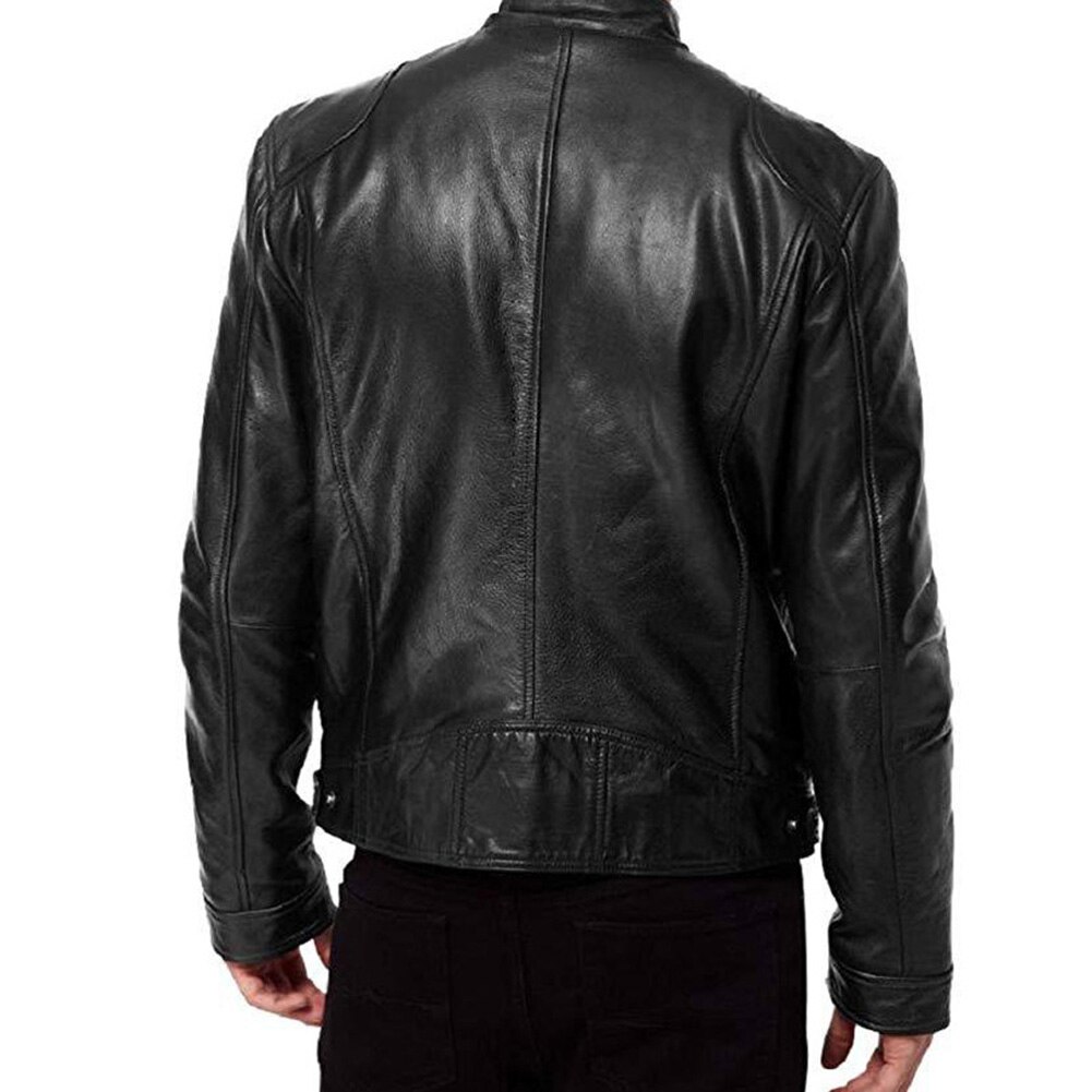 Elegante uomo autunno manica lunga colletto alla coreana ecopelle cerniera giacca da moto giacca da uomo in tinta unita stile moto