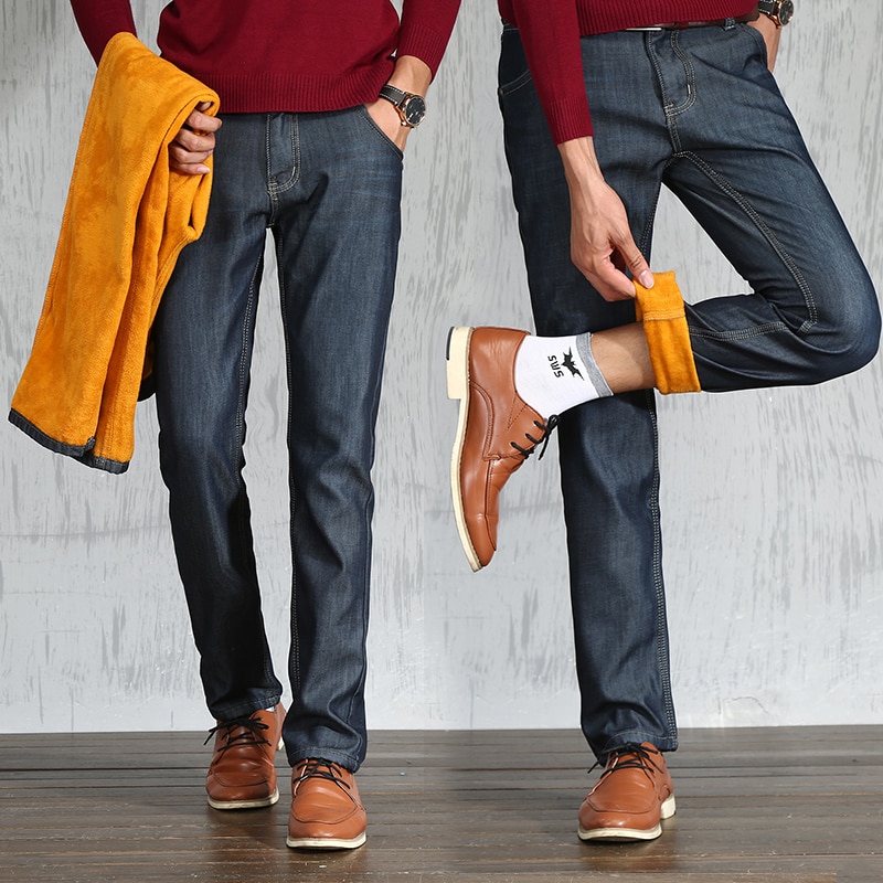 hommes thermique jean polaire doublé Denim pantalons longs hiver Stretch pantalon couleur unie polaire décontracté tendance
