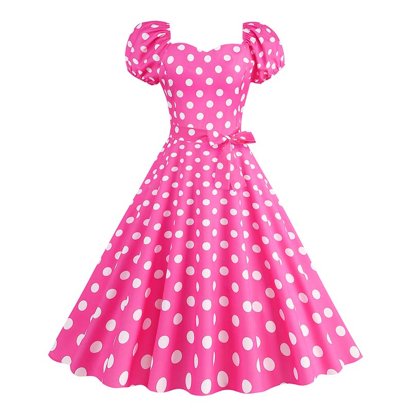 Plaid Print Retro Women Dress Puff Short Sleeve 50s Summer Polka Dot Midi Party Dresses: M / WHITE