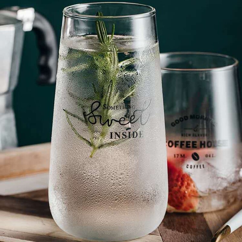 350ml milk tea cup drink cups Transparent glass cute cartoon printing milk cup kitchen&bar supplies cups Glass Cup for Juice