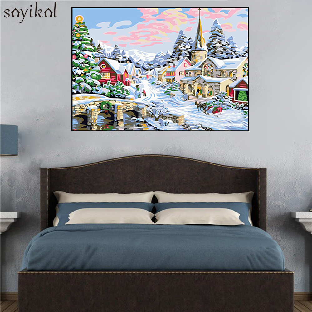 DIY Olieverfschilderij van Nummers Landschap Winter Sneeuw Huis DIY Foto 'S Nummers Moderne Wall Art Decor Witte Kerst Decoratie