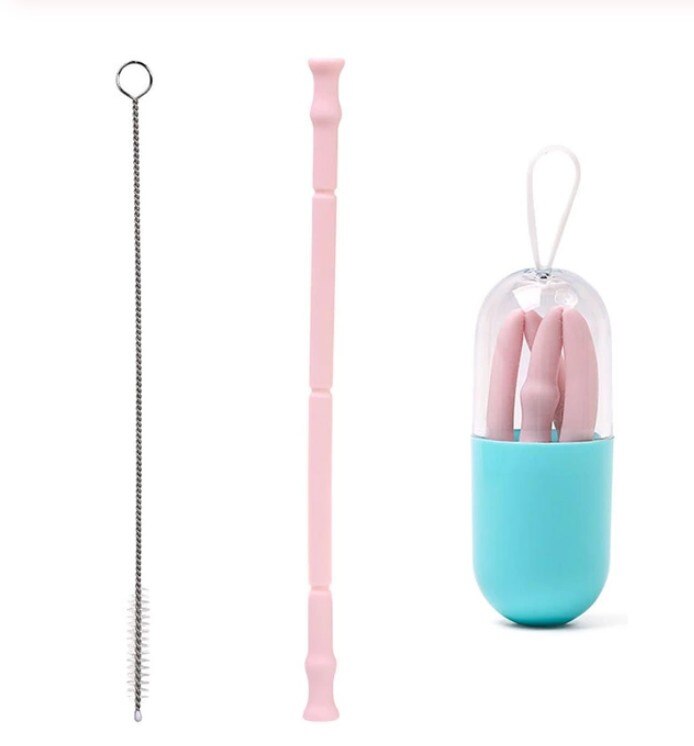 Cannuccia pieghevole pieghevole in silicone cannuccia riutilizzabile con custodia per il trasporto e spazzola per la pulizia per bevande da viaggio per l'casa ufficio: Colore rosa