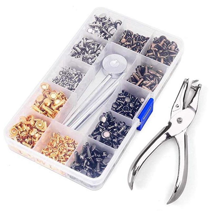 Remaches de cuero de 3 tamaños, tachuelas de Metal tubulares de doble tapa con 4 herramientas de fijación para artesanía de cuero Diy, 4 colores (oro, 360 Uds.